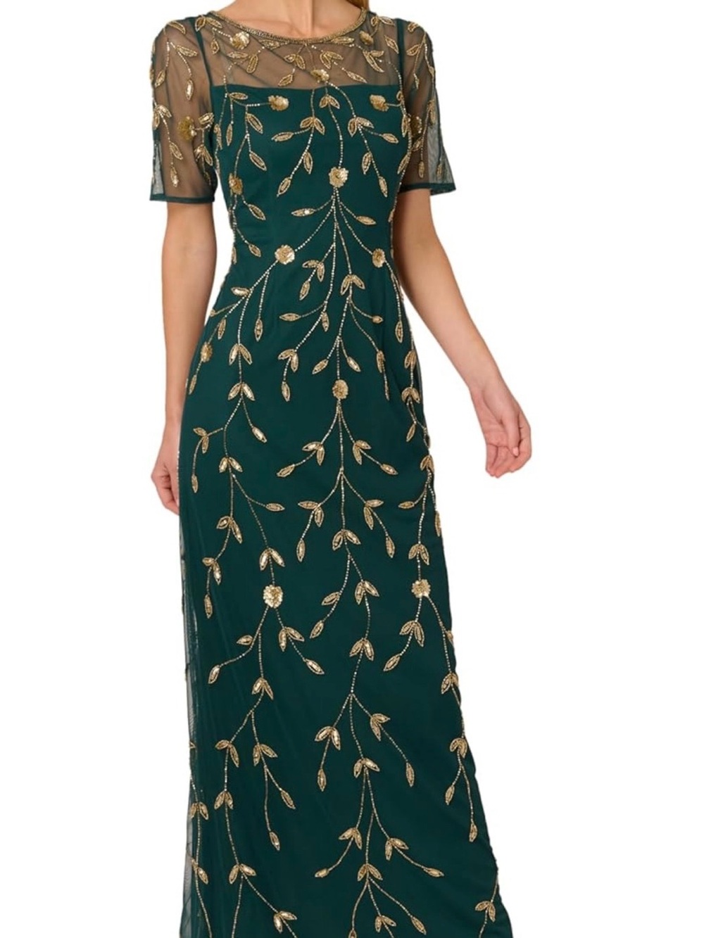 Adrianna Papell Teal Green Evening Gown with Gold Embroidery